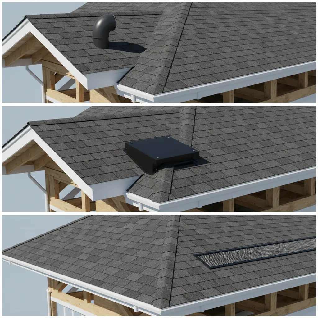 side by side comparison of ridge vent, box vent, and gooseneck roof vent