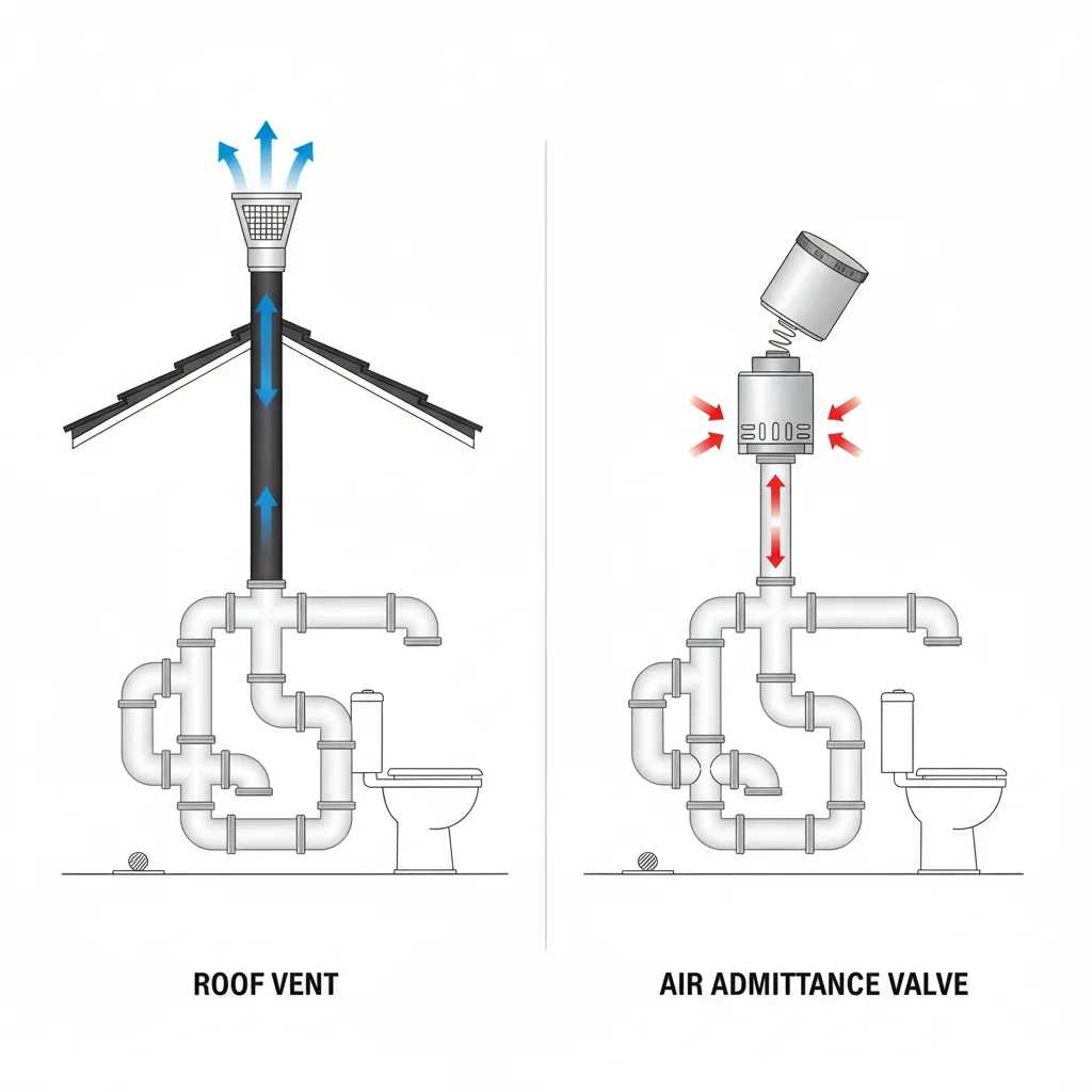 Diagram comparing airflow in roof vent plumbing and air admittance valve system