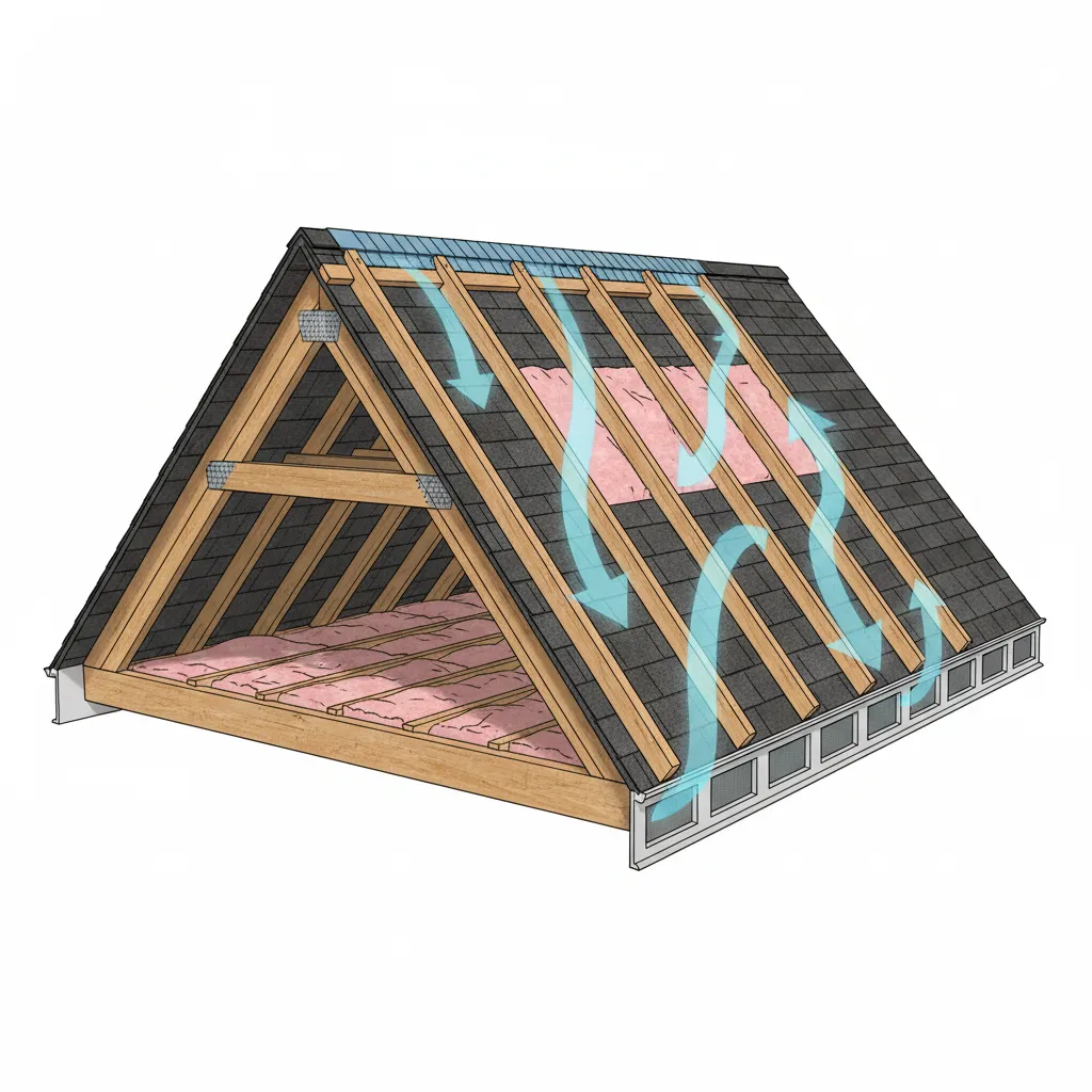 Attic ventilation system showing ridge vents and soffit airflow