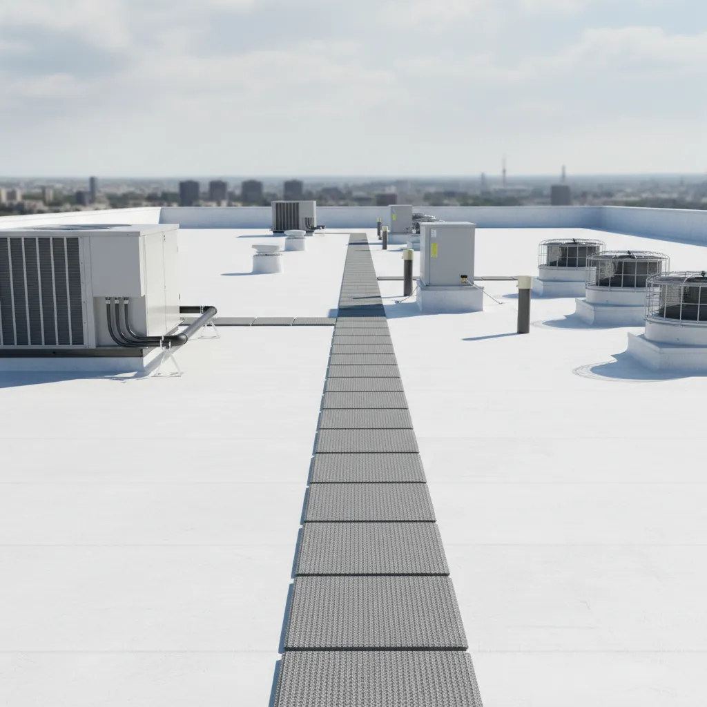 Flat roof with installed walkway pads protecting membrane from foot traffic