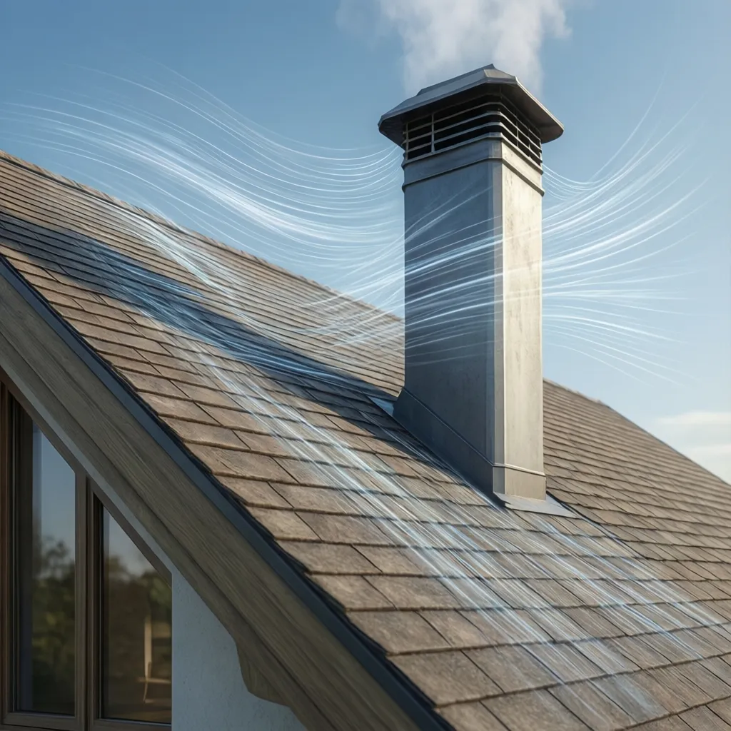Wind airflow pattern moving over roof and around plumbing vent pipe