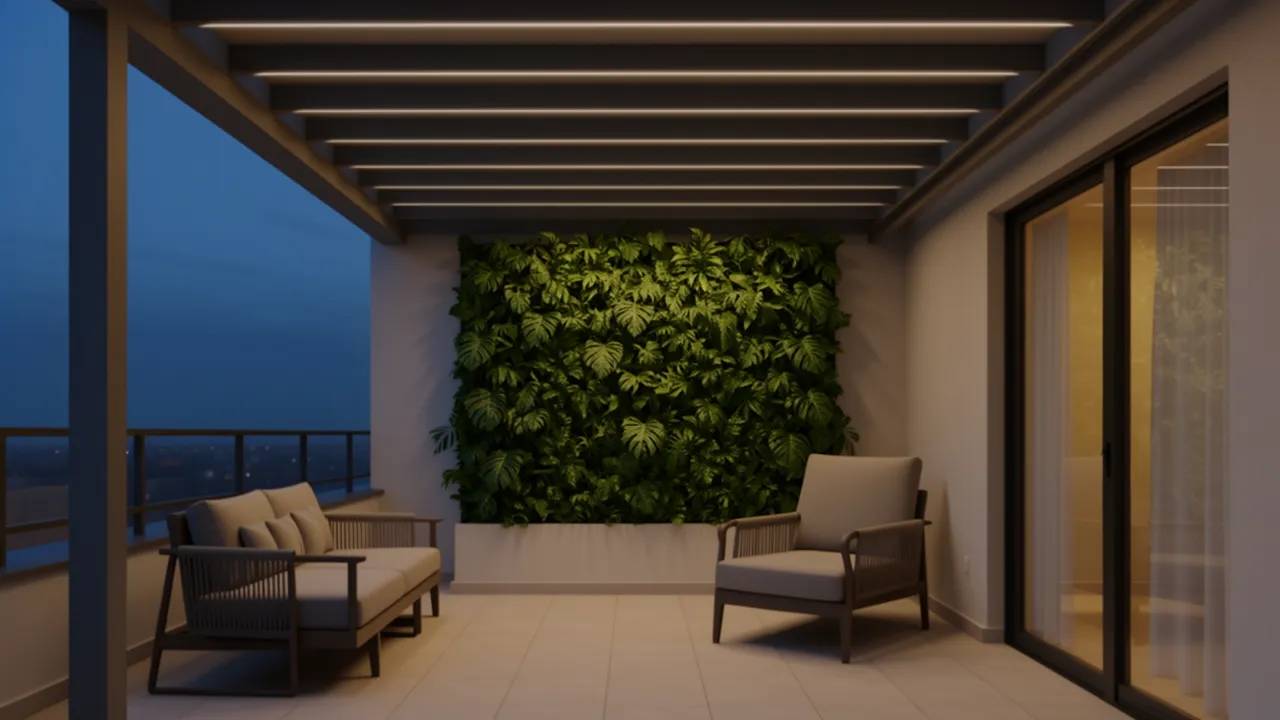 Covered balcony with ceiling lighting and vertical plants creating a spacious feel