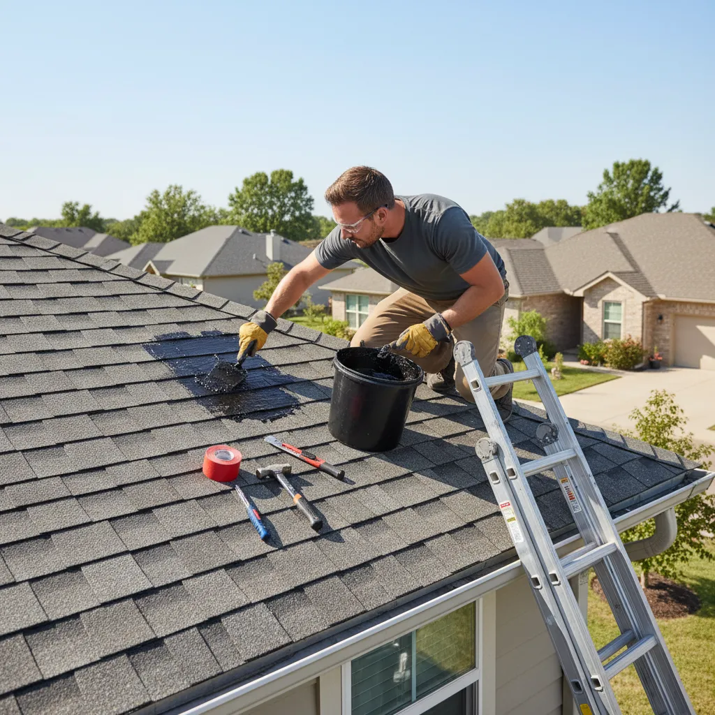 Contractor sealing a roof leak using roofing tar on asphalt shingles