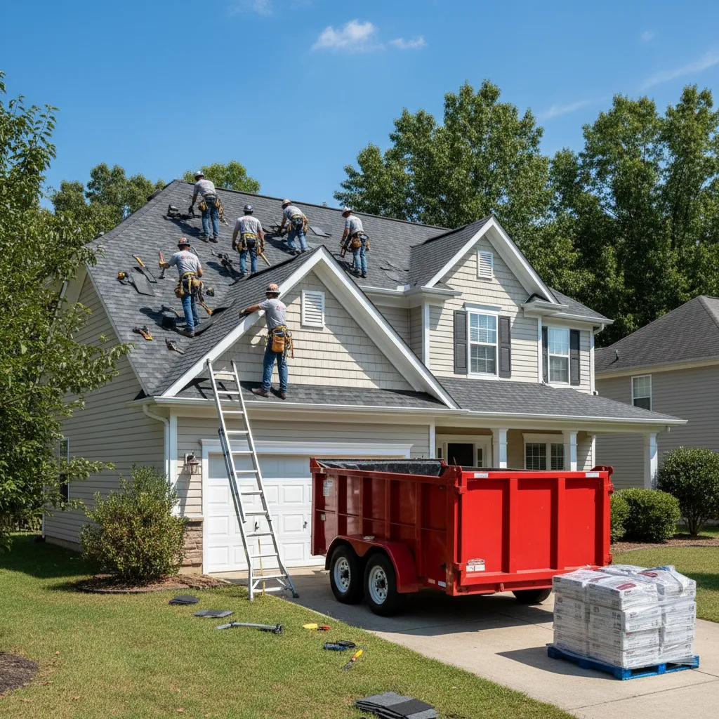 Roofing crew installing shingles on residential home roof during daylight