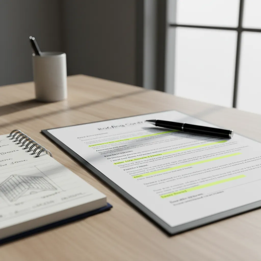 Close view of roofing contract clauses highlighted on printed document