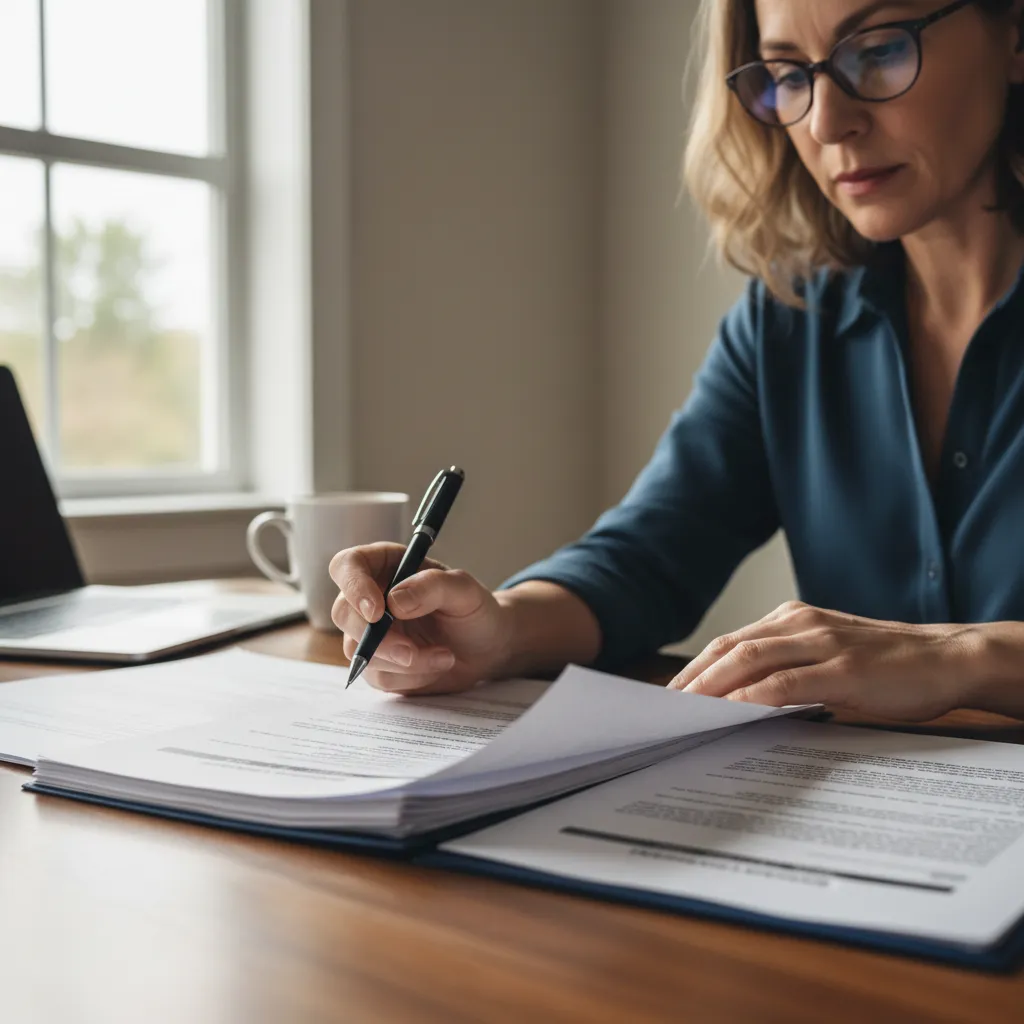 Close up of homeowner reviewing contract clauses before canceling roofing job