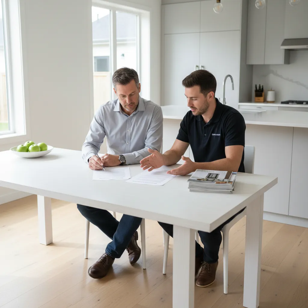 Homeowner discussing roofing contract paperwork with contractor at kitchen table