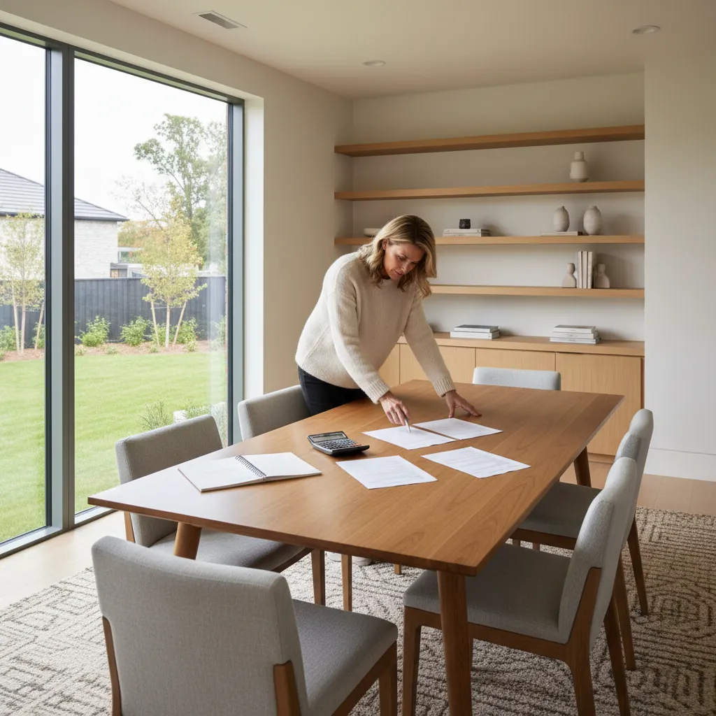 homeowner reviewing roofing contract paperwork at dining table before signing