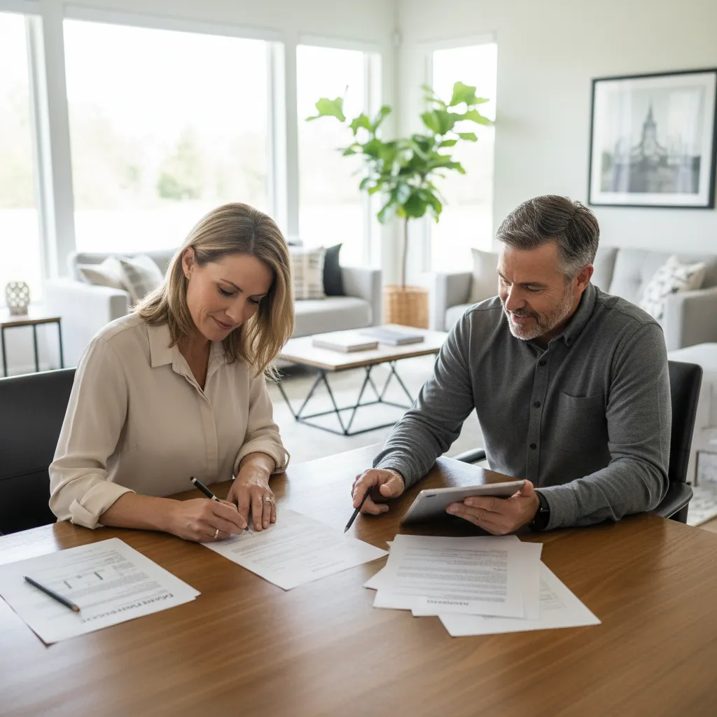 Homeowner signing roofing contract with contractor at table