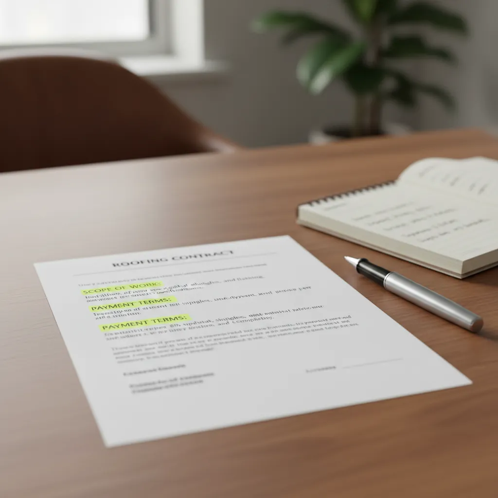 Close-up of roofing contract with key clauses highlighted on desk