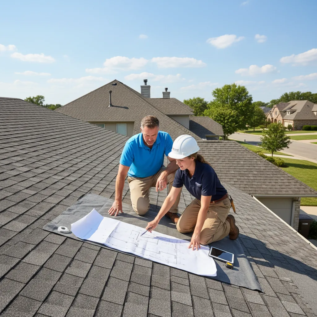 Homeowner reviewing roofing estimates with contractor on residential roof