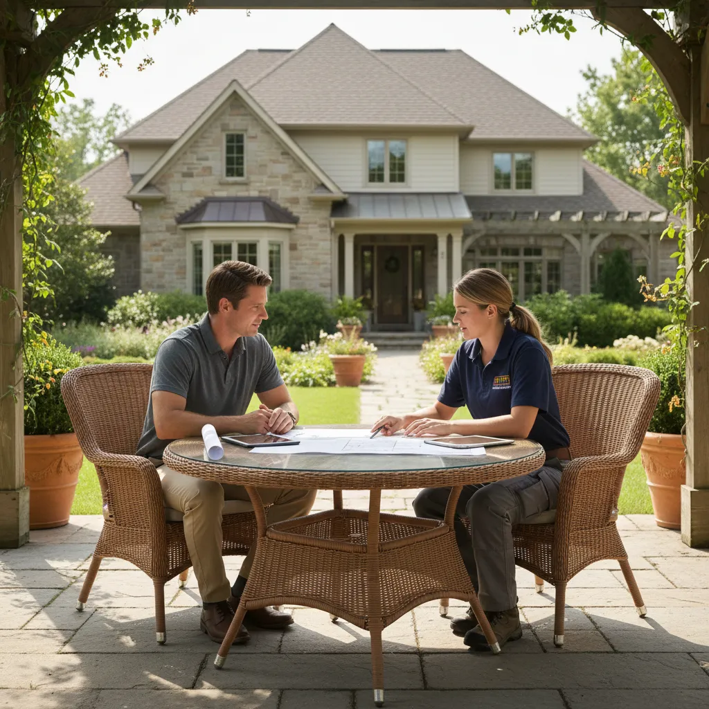 Roofing contractor and homeowner discussing project adjustments at a table