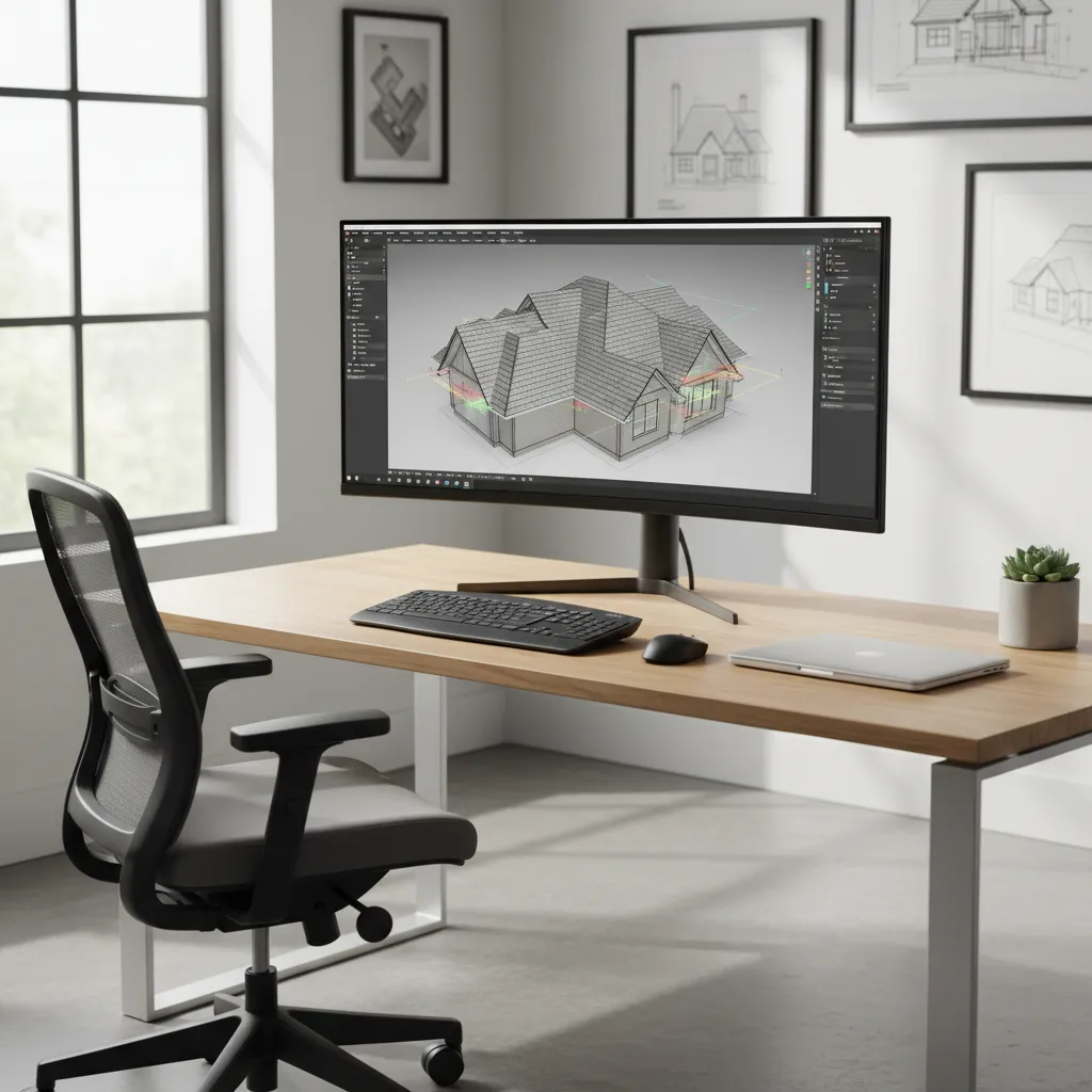 contractor analyzing a 3D digital roof model on a computer during project planning