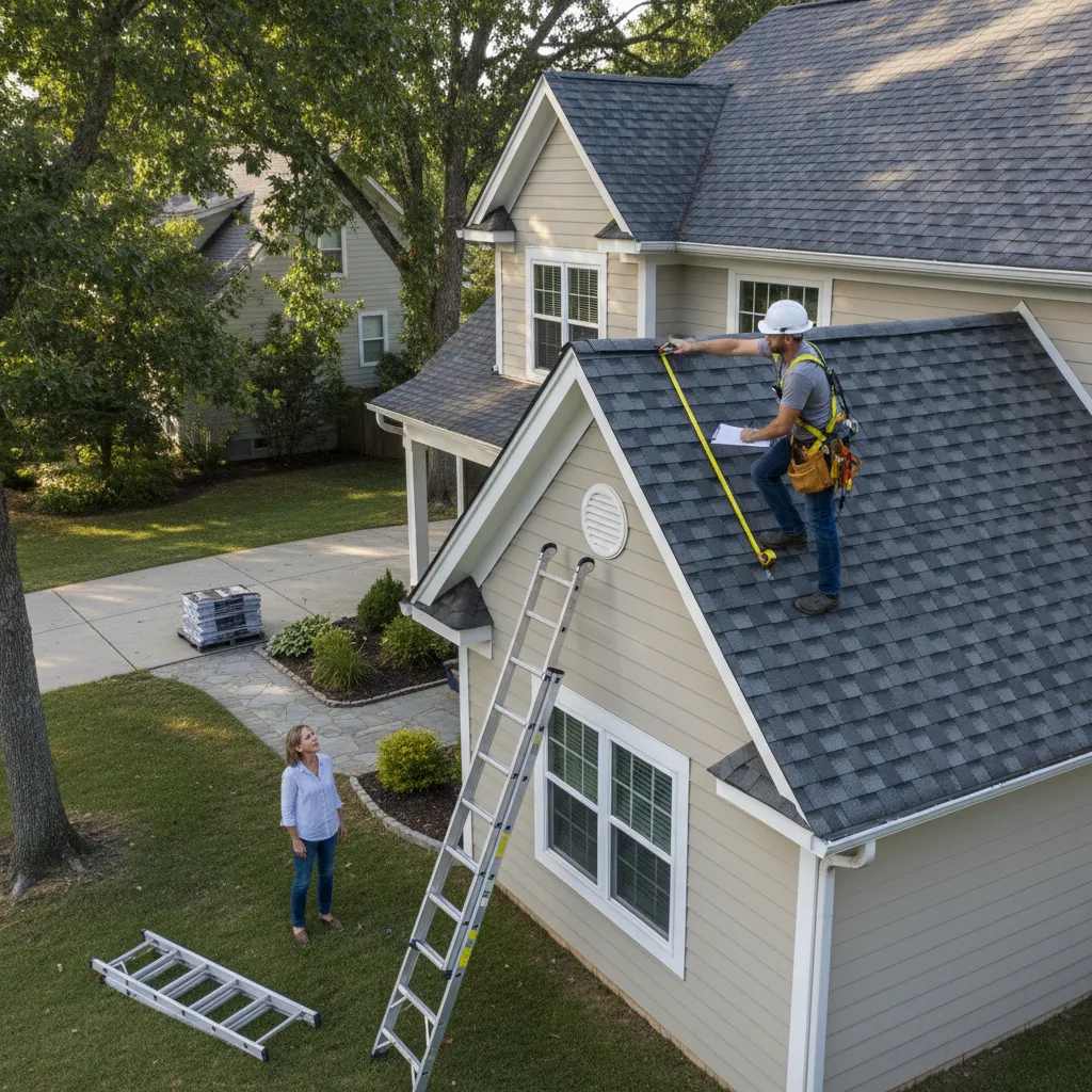Roofing contractor inspecting roof and discussing estimate with homeowner