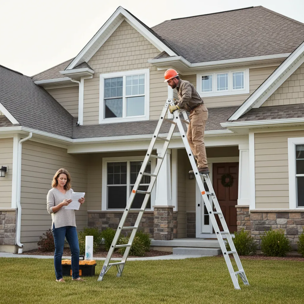 Roofing contractor inspecting roof and reviewing estimate with homeowner