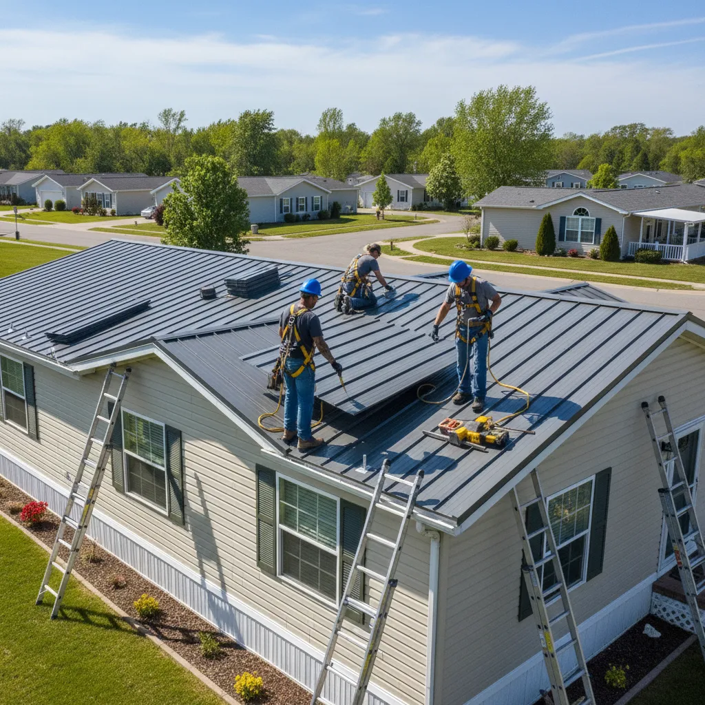 Roofing contractors installing panels on a manufactured home roof