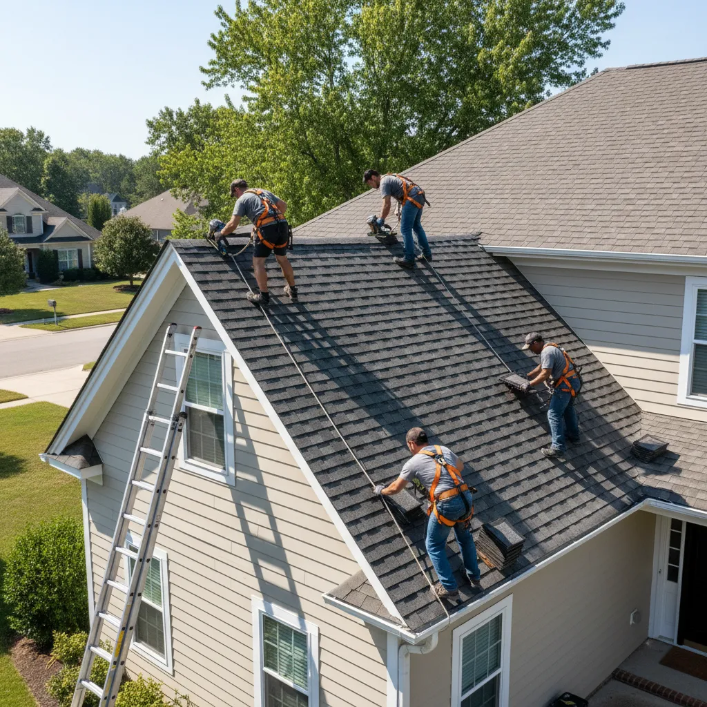 Professional roofing crew installing asphalt shingles on a residential home