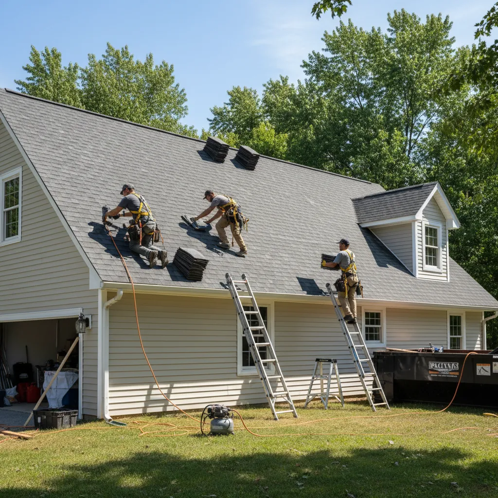 Professional roofing contractors installing shingles on residential roof with safety equipment
