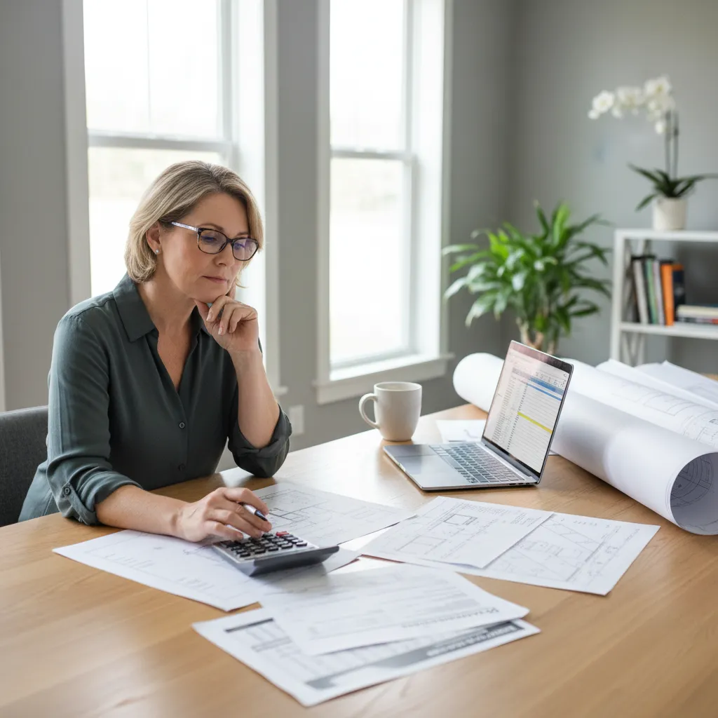 homeowner reviewing multiple roofing contractor quotes at a table