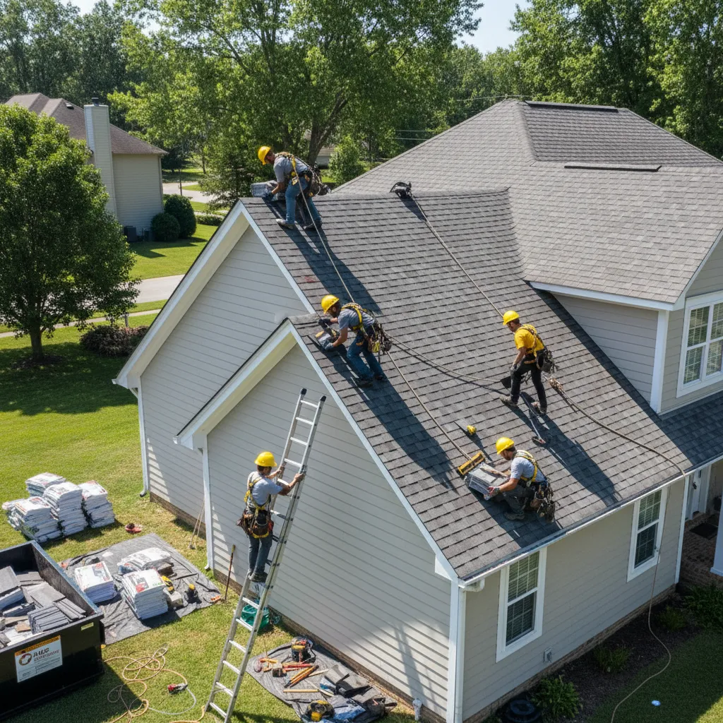 Roofing crew installing shingles on residential home roof during replacement project