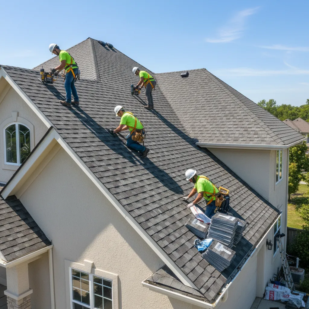 roofing crew installing shingles on residential roof