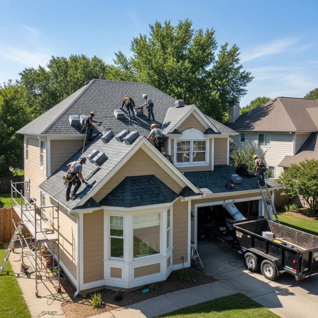 roofing crew installing asphalt shingles on residential house roof