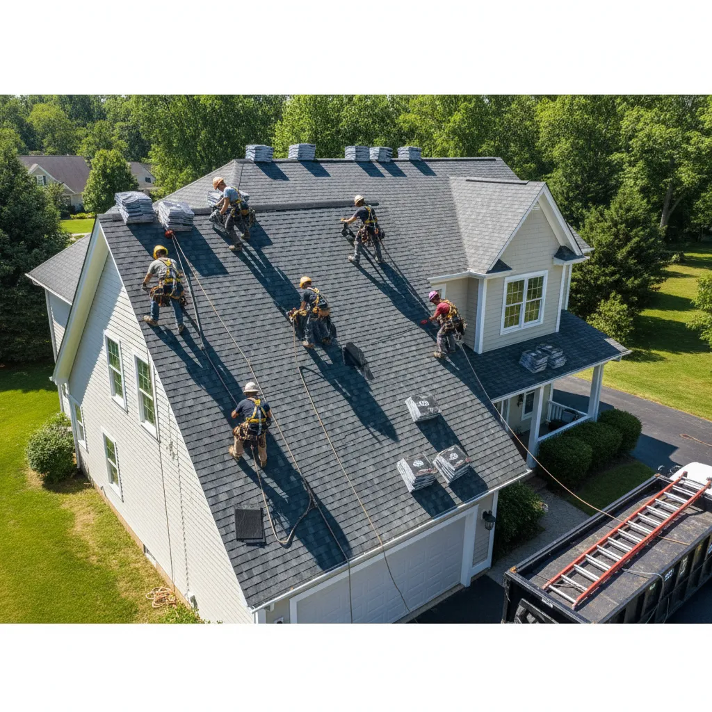 Roofing crew installing shingles on steep residential roof