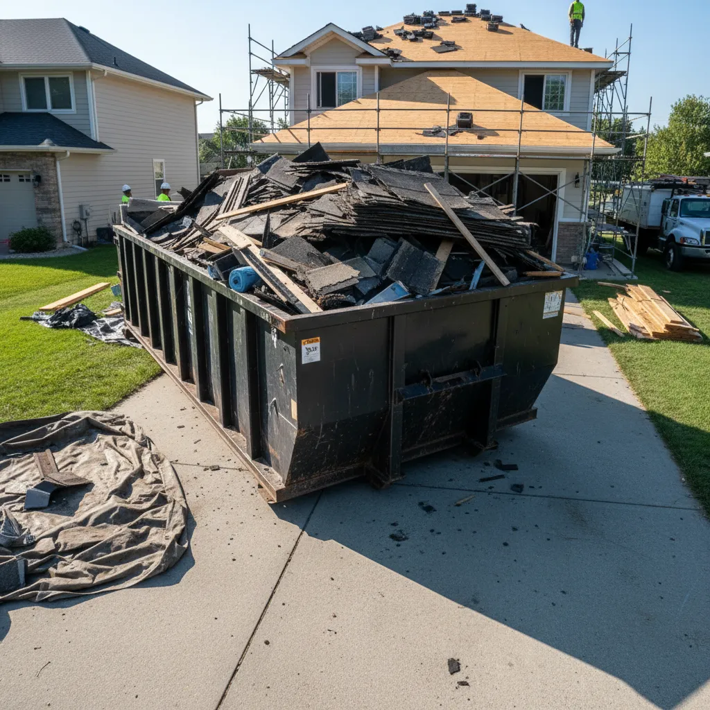 Construction dumpster filled with removed asphalt roofing shingles
