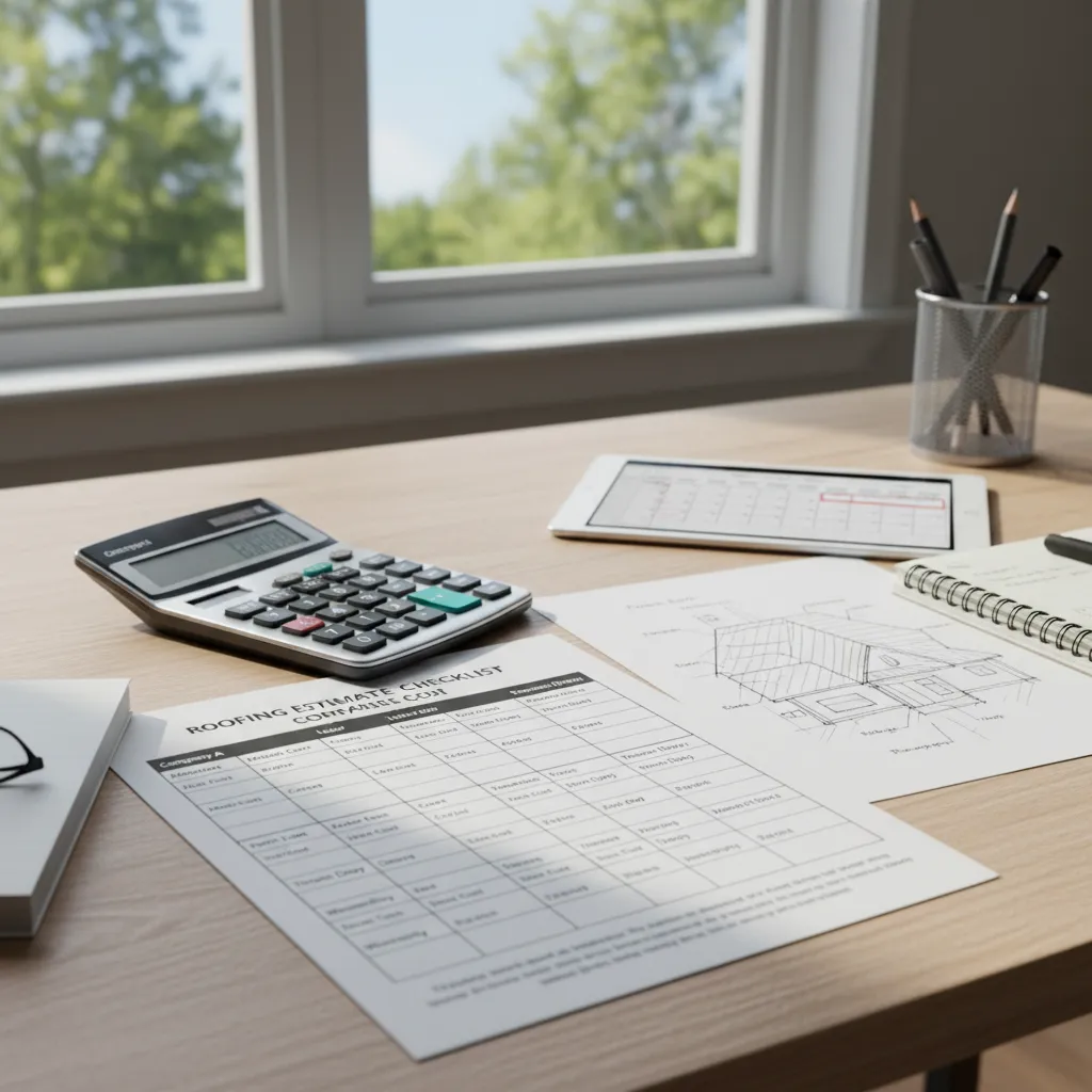 Checklist comparing roofing estimate line items on a planning desk