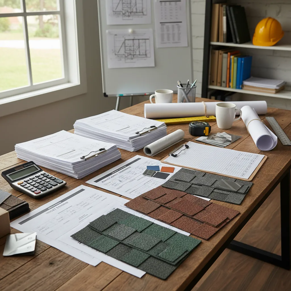 Multiple roofing estimates and materials comparison on construction table