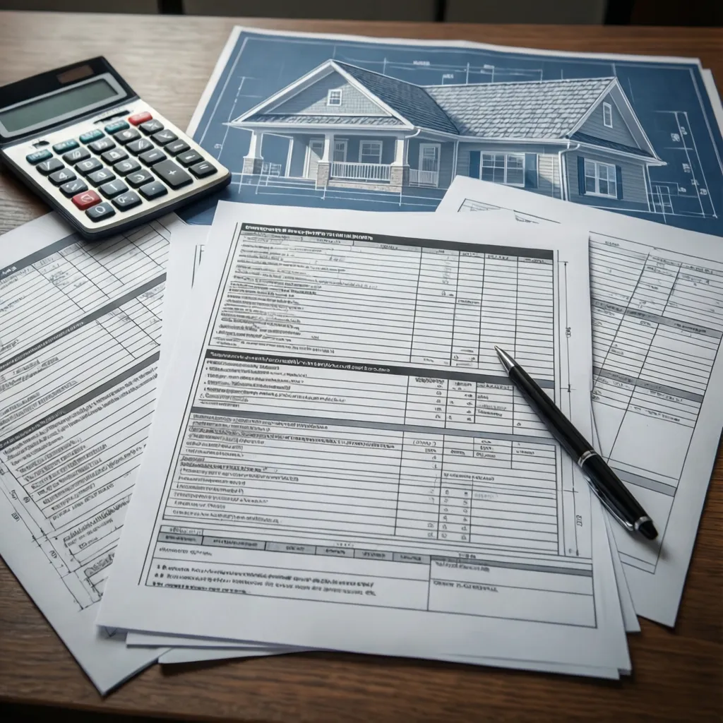 Multiple roofing estimate documents being compared on a table