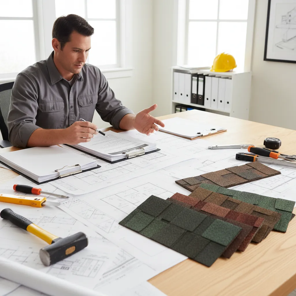 roofing contractor reviewing roof replacement estimate documents with materials samples