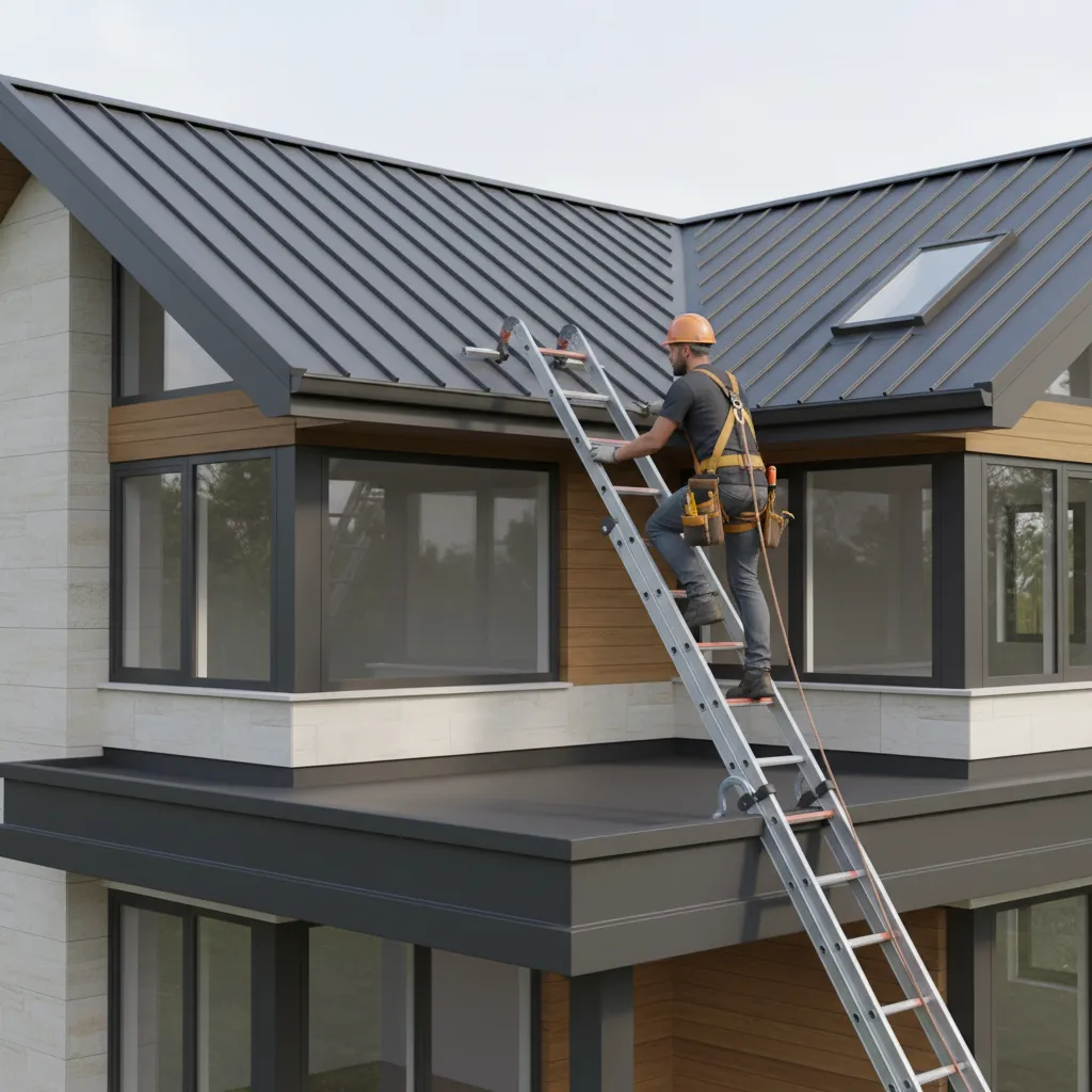 How Roofing Professionals Use Ladder Hooks on Metal Roofs