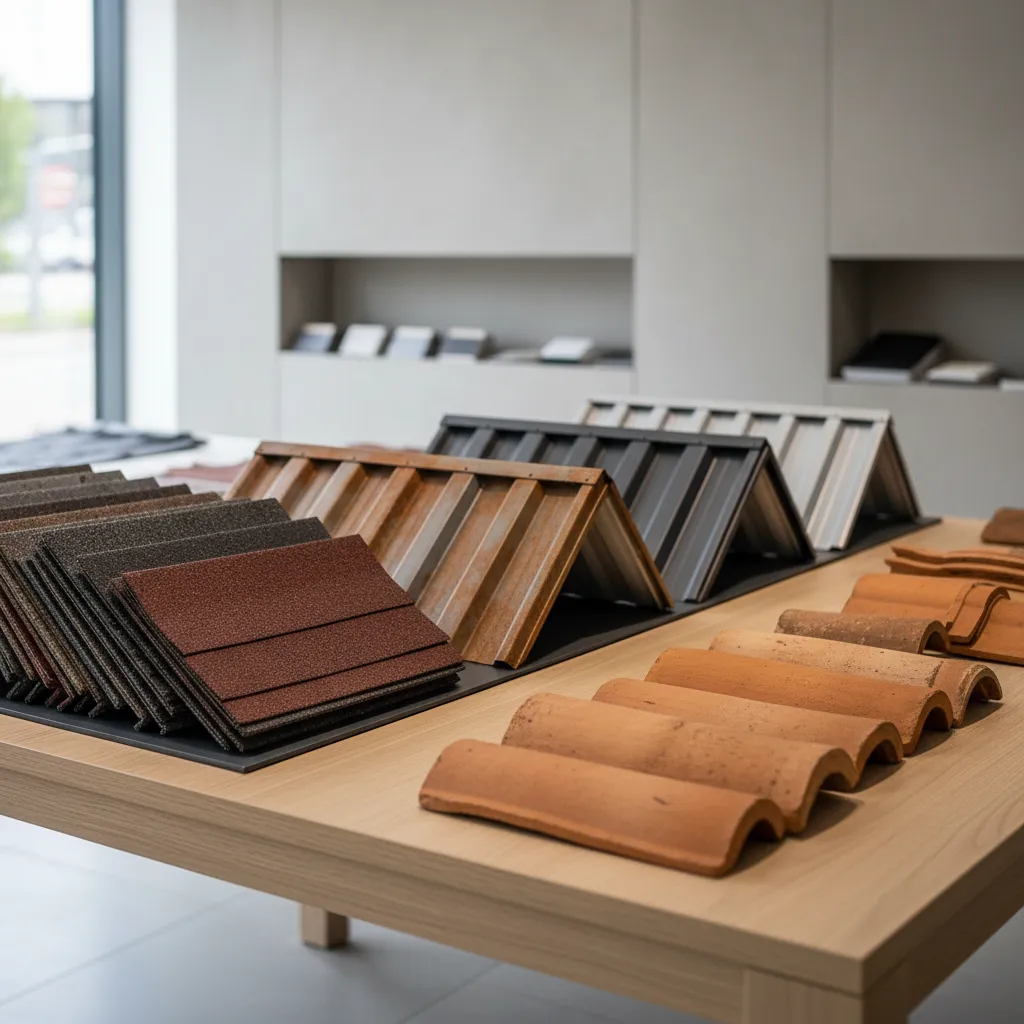 Different roofing materials including asphalt shingles metal roofing and clay tiles displayed side by side