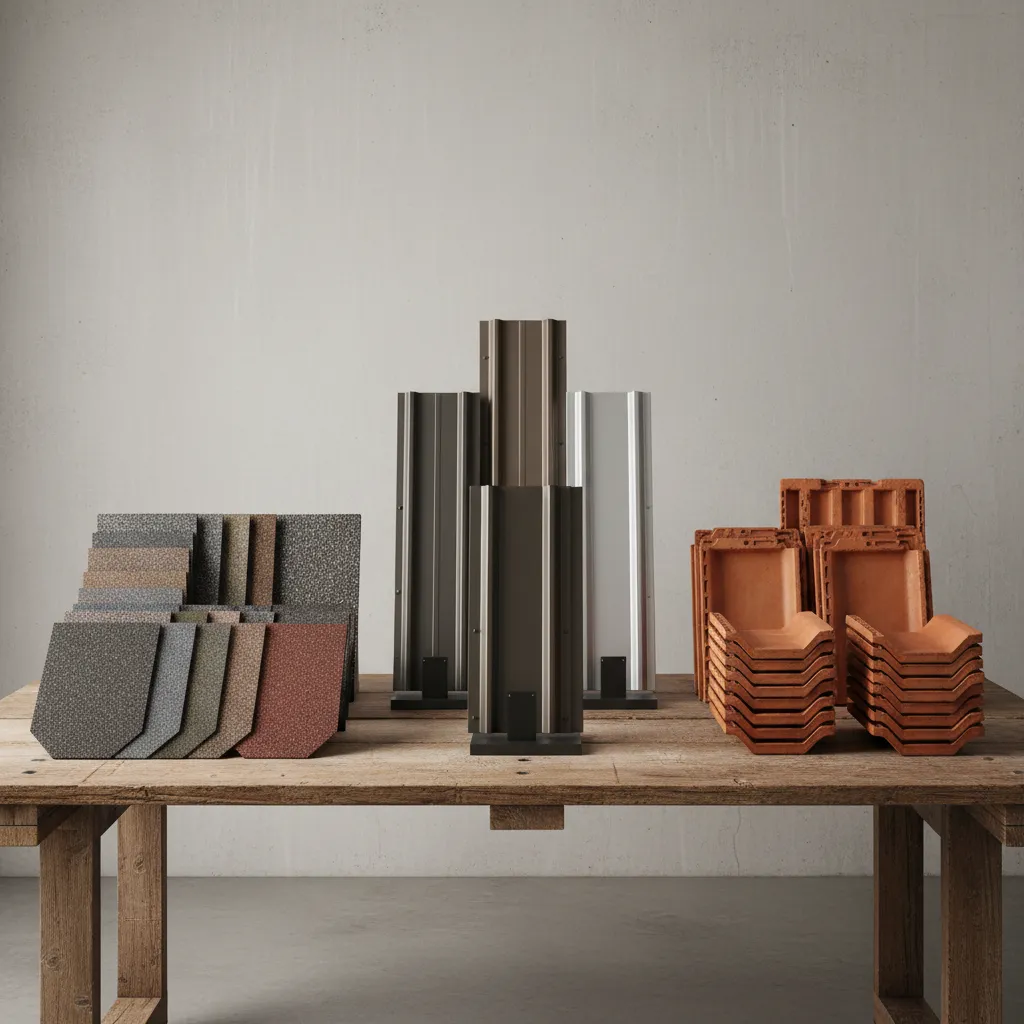 Different roofing material samples including asphalt shingles metal roofing and clay tiles