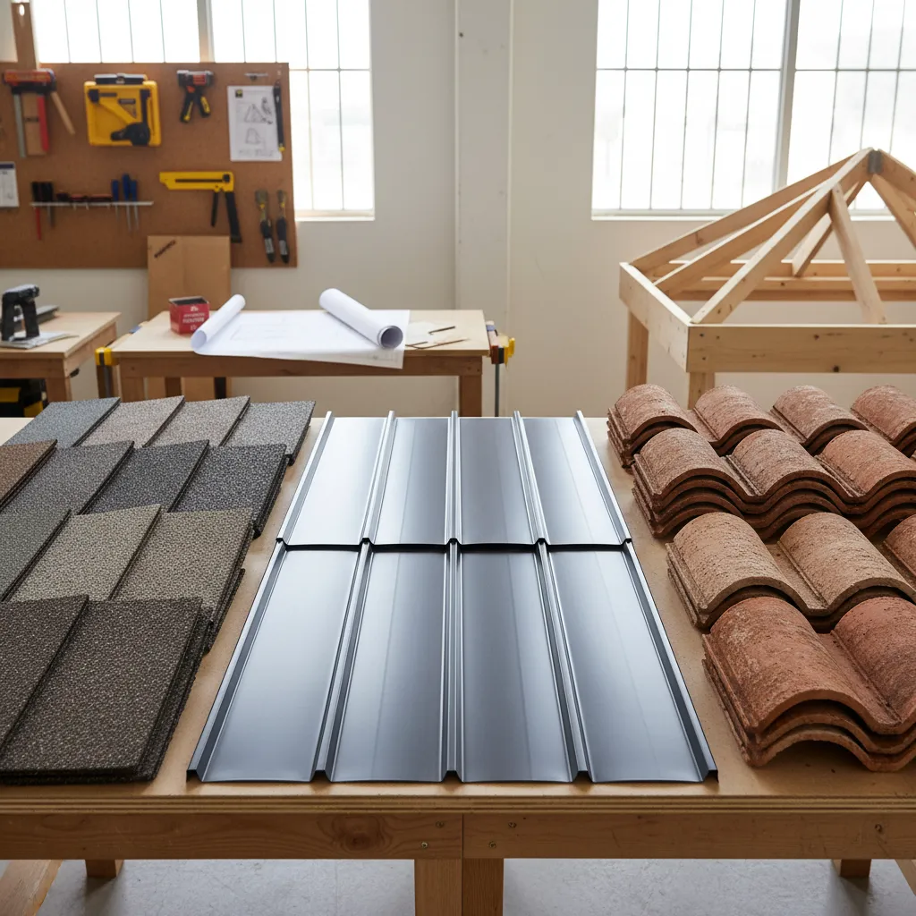Different roofing materials including asphalt shingles metal panels and clay tiles