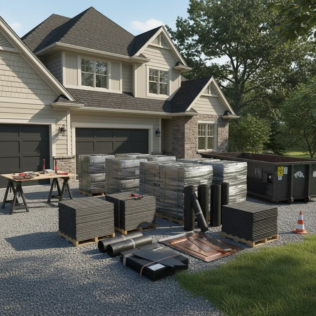 Stacked roofing shingles and materials delivered to a residential job site