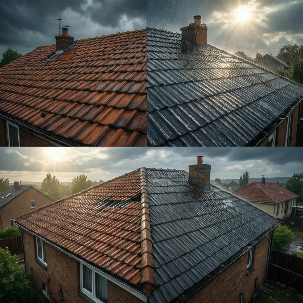 Roof durability comparison showing clay tile and metal roofing under weather conditions