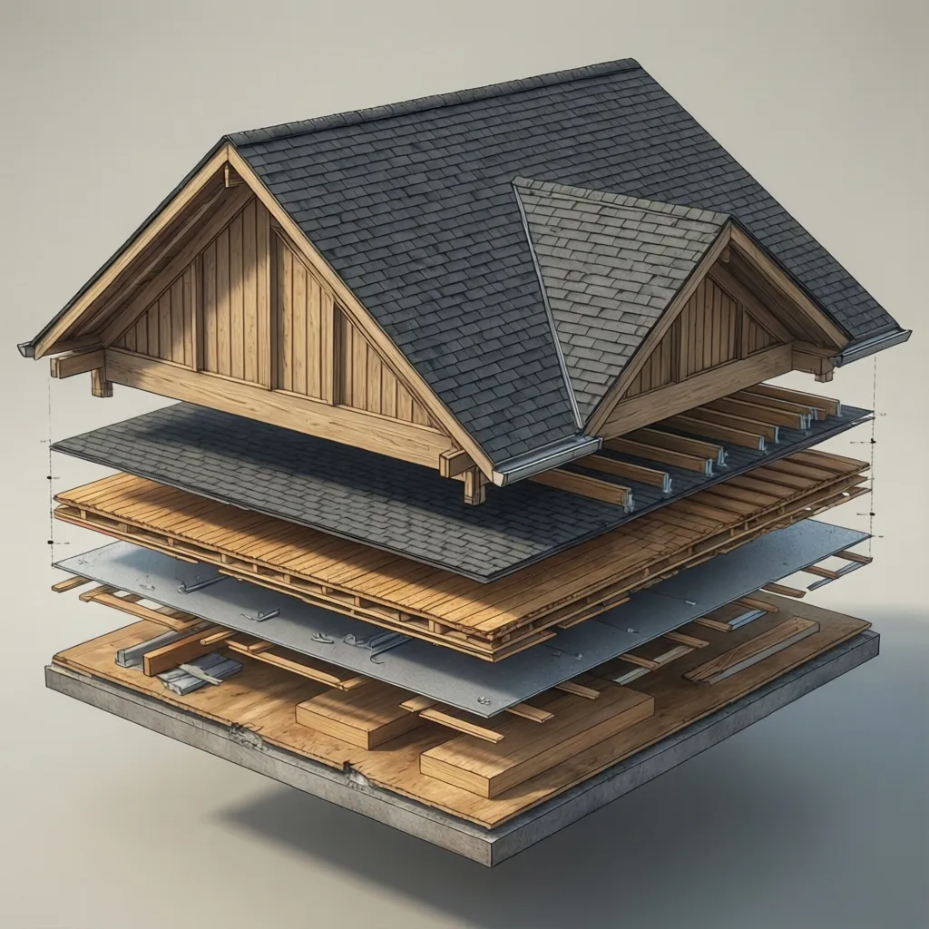 Layered diagram of roofing materials including shingles underlayment and decking