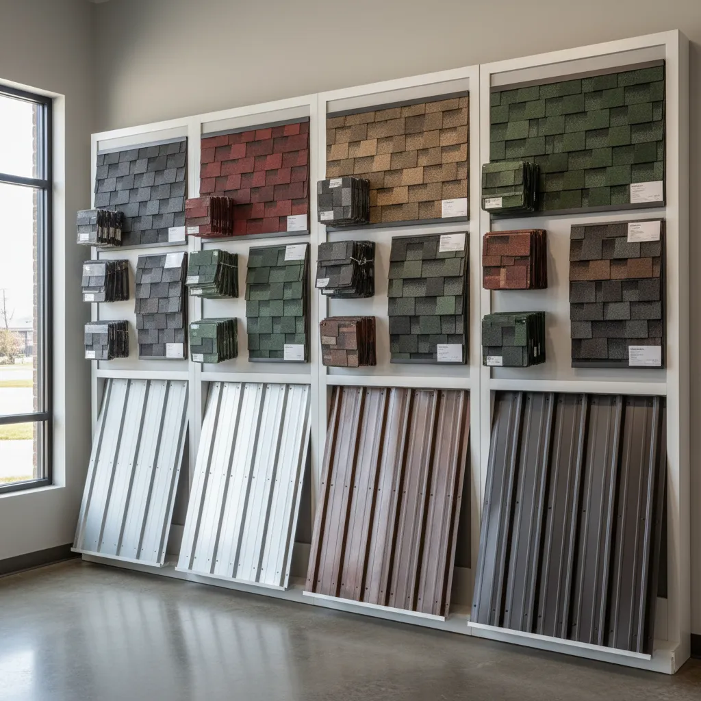 Different roofing materials including asphalt shingles and metal roofing samples