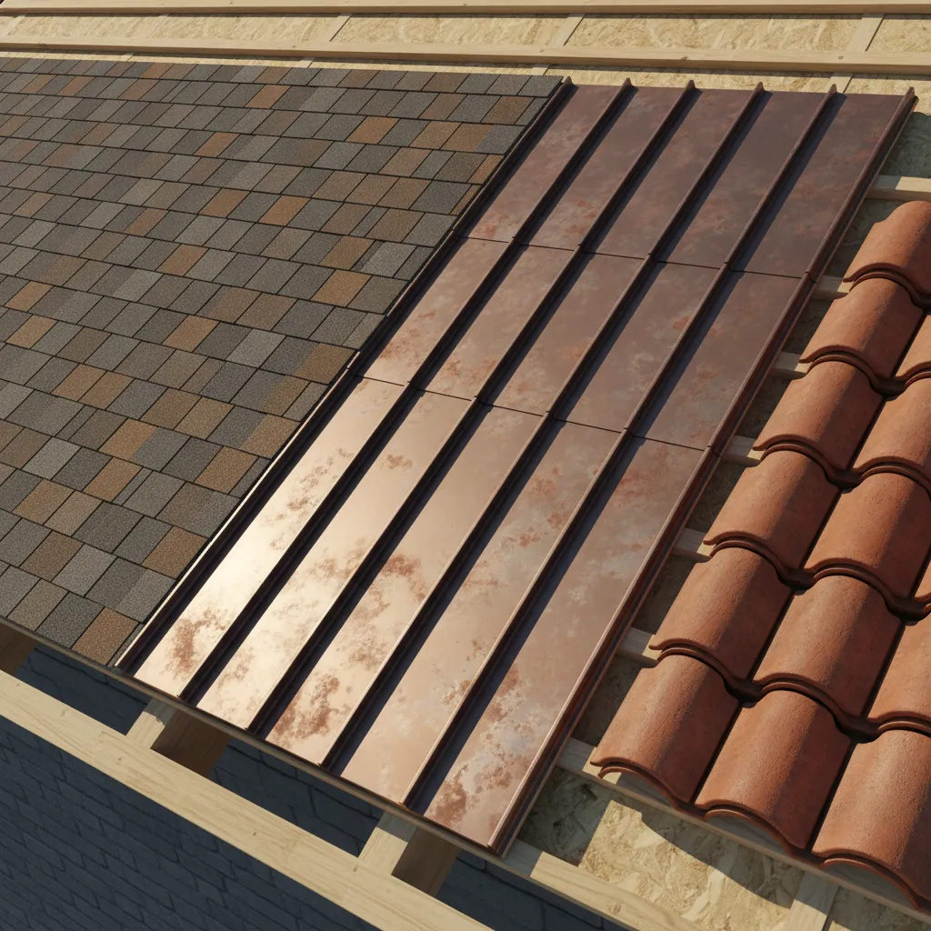 Comparison of asphalt metal and tile roofing materials on house roof samples