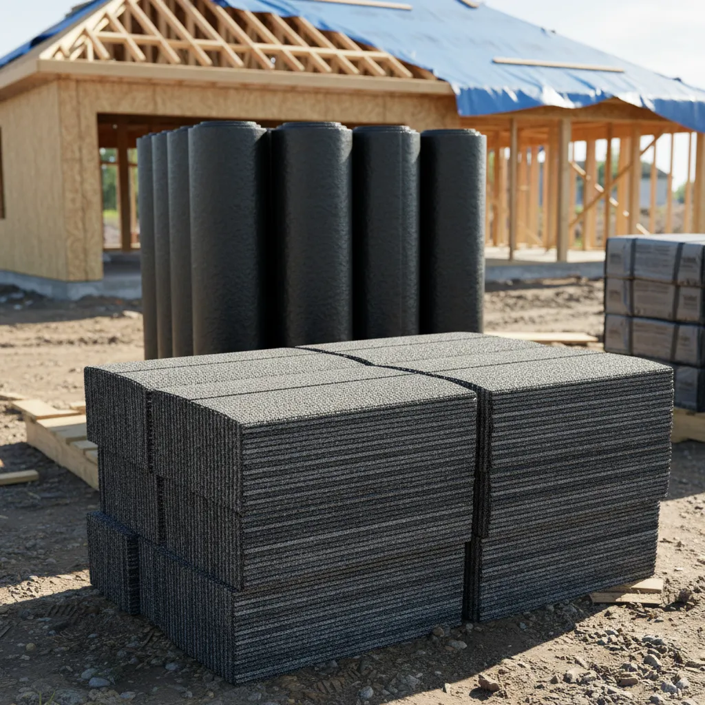 stacks of asphalt roofing shingles and underlayment materials at construction site