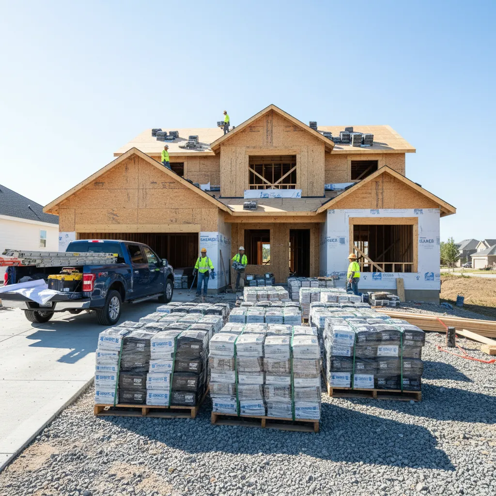 roofing shingles and materials stacked outside a residential home ready for installation