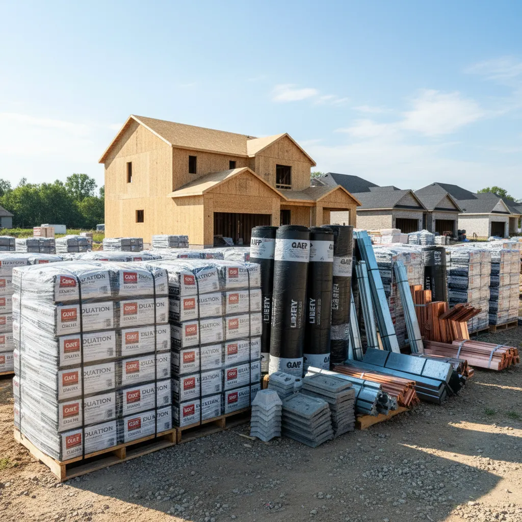stacks of asphalt shingles and roofing underlayment prepared for installation
