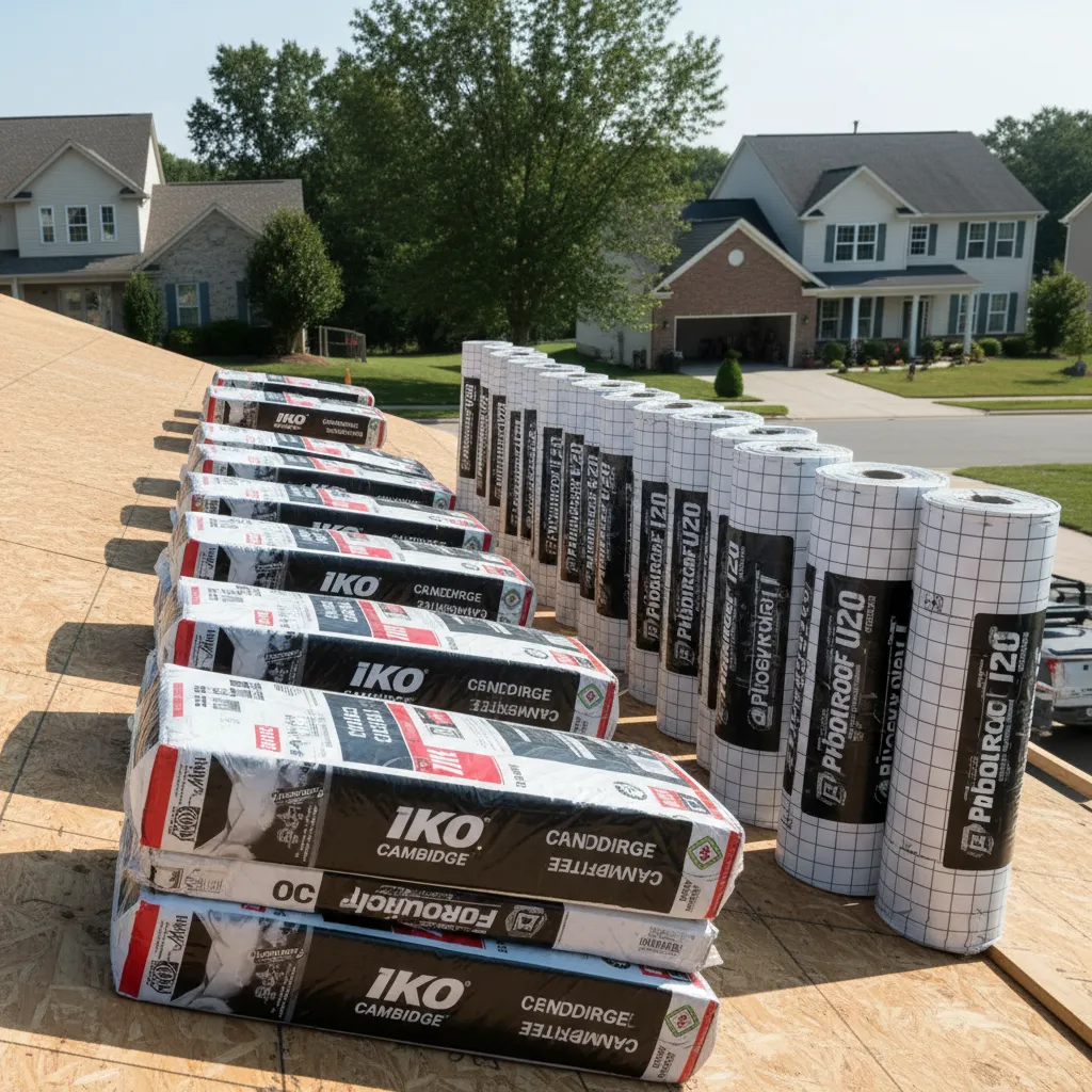 bundles of asphalt shingles and roofing materials on job site