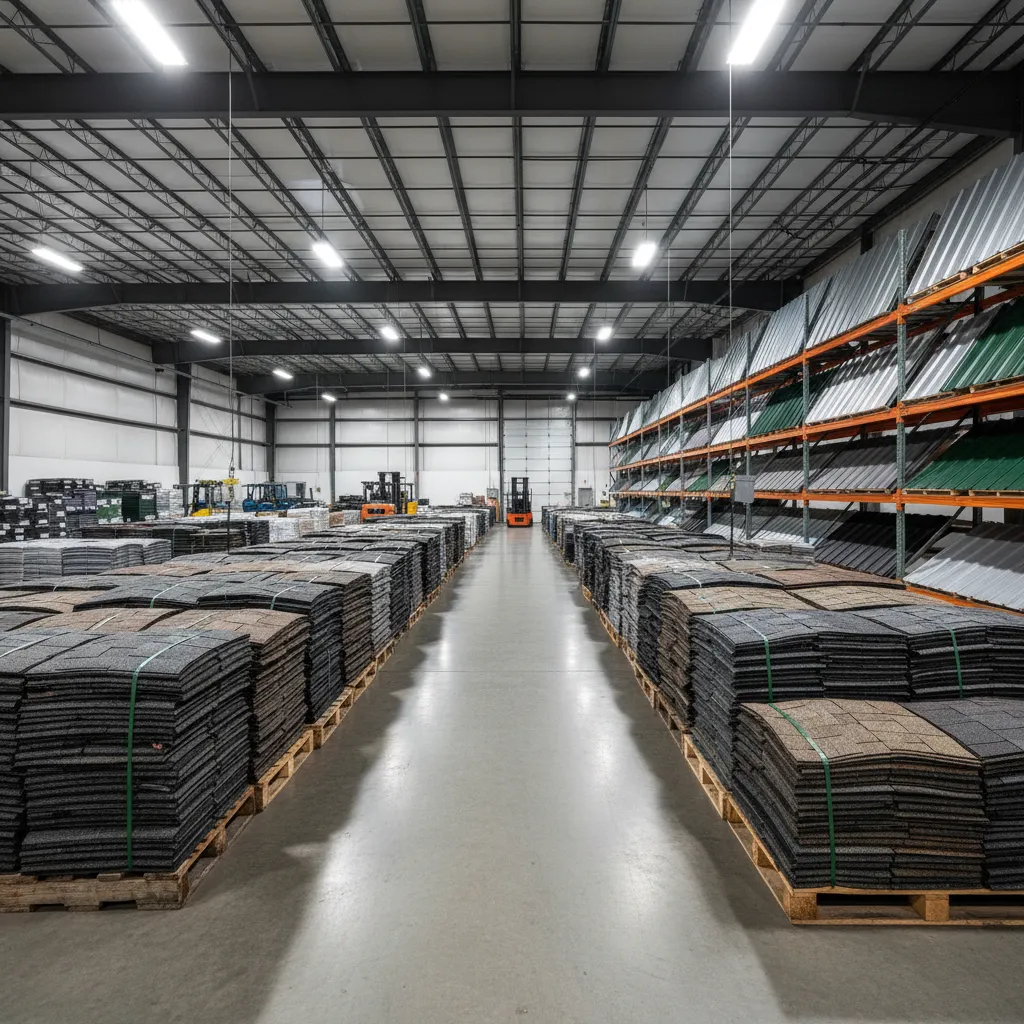 Stacks of roofing materials including asphalt shingles and metal roofing panels at supply warehouse