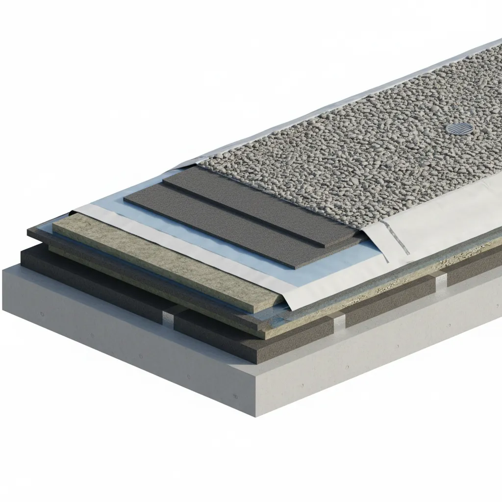 cutaway diagram of roofing membrane layers on flat roof