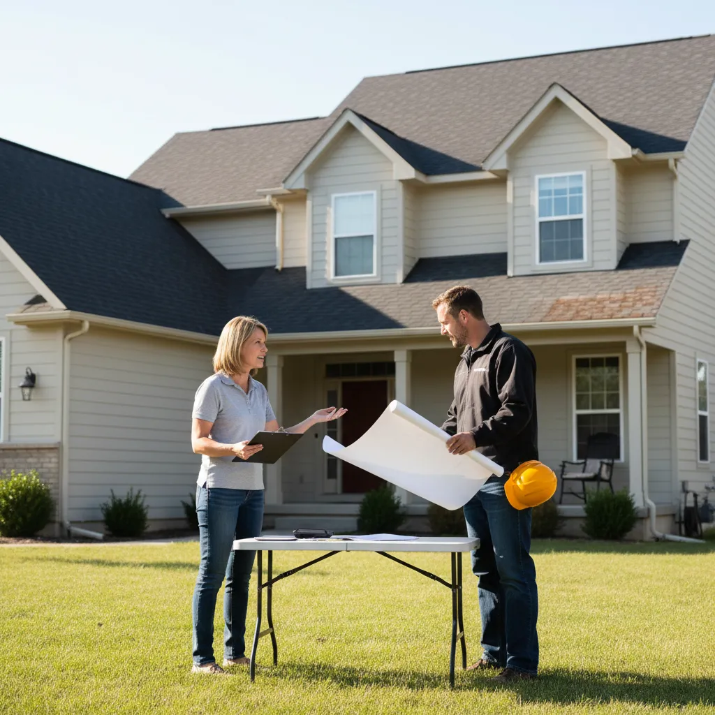 Homeowner and roofing contractor discussing payment schedule and deposit terms