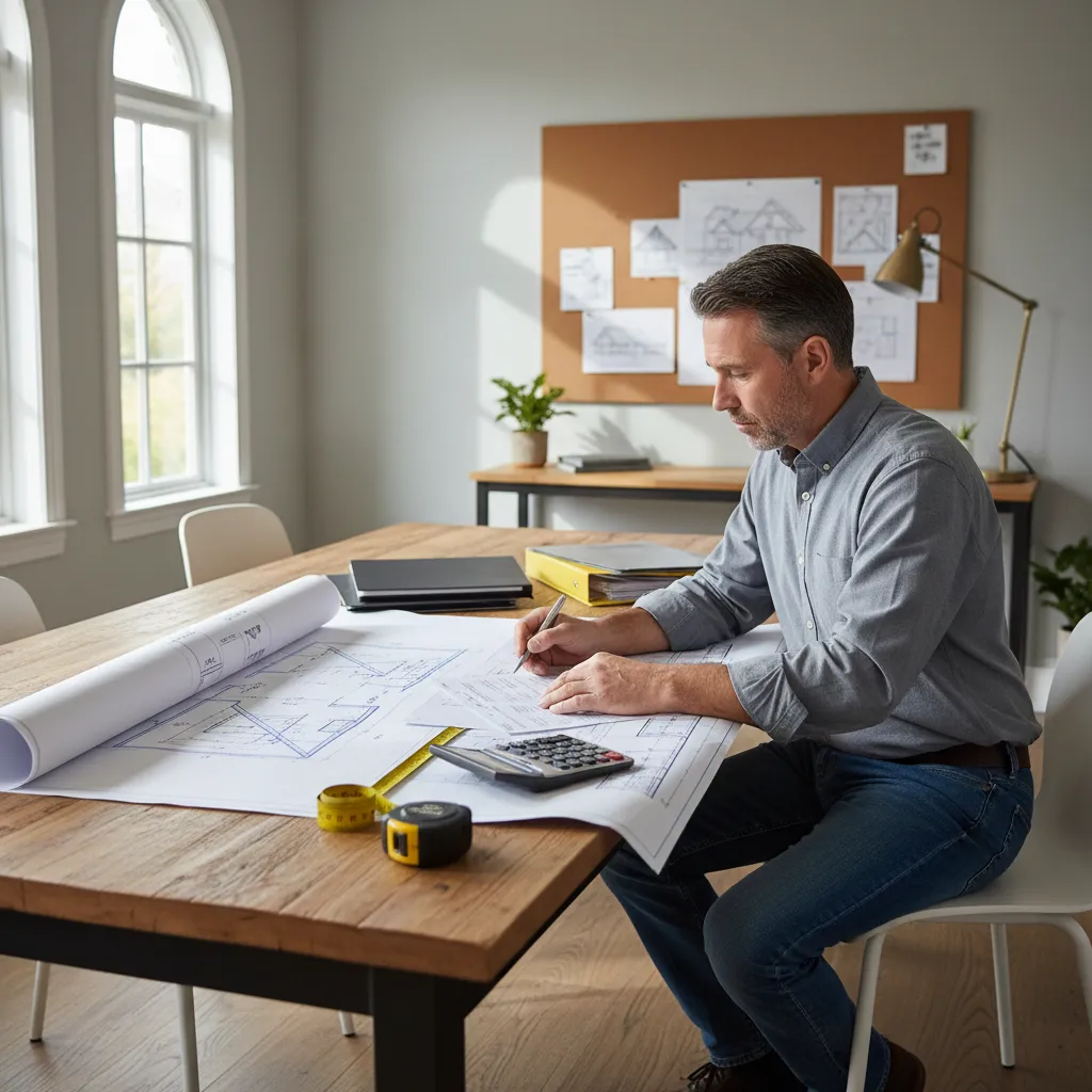 Roofing estimate documents and house roof plan on table