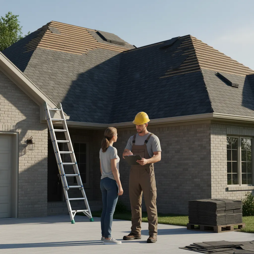 Roofing contractor discussing project timeline with homeowner next to house